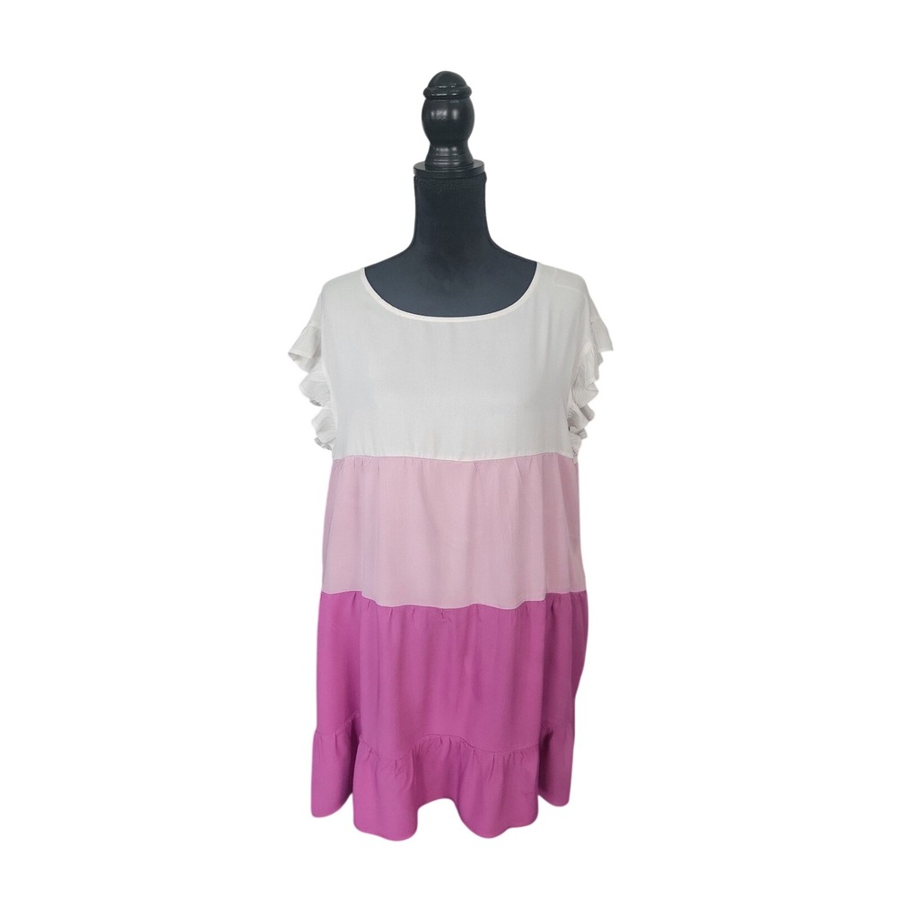 Vanilla Bay Pink Ombre Colorblock Tiered Mini Dress Ruffle Sleeve Large